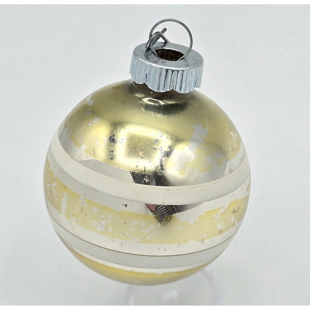 Vtg‎ Shiny Brite Yellow White Striped Stripe Mercury glass CHRISTMAS ORNAMENT